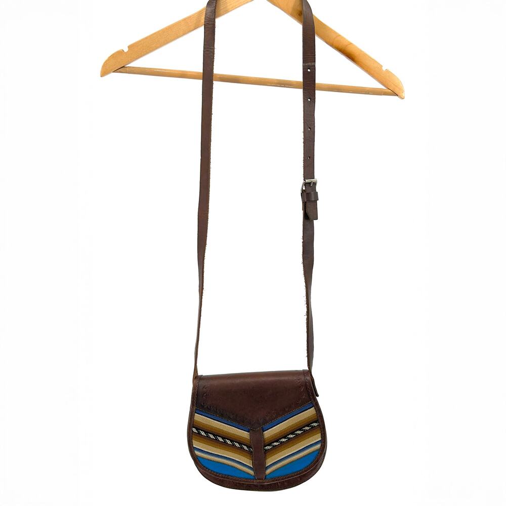Vintage 90s Hand-Tooled Brown Leather Purse with Blue Fabric Inlay